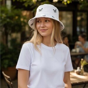 White Butterfly Embroidered Bucket Hat - Women's Hat